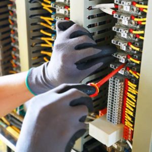 Electrical terminal in junction box and service by technician. Electrical device install in control panel for support program and control function by PLC. routine visit check equipment by technician.